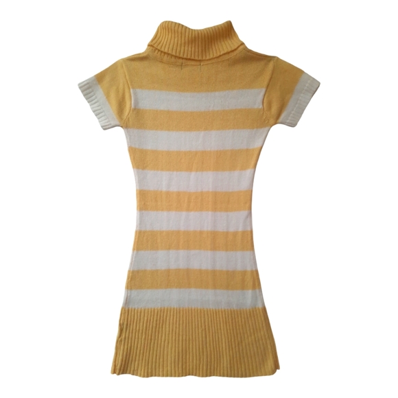 Knit sweater midi dress tunic neck short sleeve bodycon yellow white stripe - Picture 5 of 5